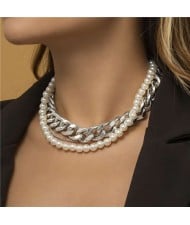 Thick Alloy Chain and Pearl Combo Bold Fashion Wholesale Women Chunky Necklace - Silver