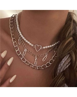 Paper Clips and Heart Pendants Punk Style Thick Chain Pearl Fashion Three Layers Wholesale Necklace