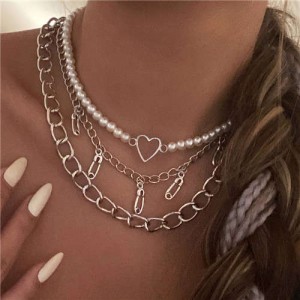 Paper Clips and Heart Pendants Punk Style Thick Chain Pearl Fashion Three Layers Wholesale Necklace