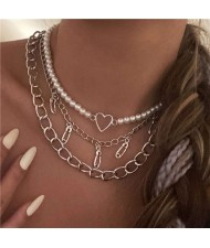 Paper Clips and Heart Pendants Punk Style Thick Chain Pearl Fashion Three Layers Wholesale Necklace