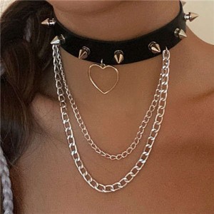 Popular Punk Style Black PU Rivet with Heart and Chain Tassel Unique Design Women Wholesale Necklace