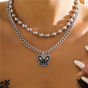 Round Beads Chain Vintage Skull Fashion Butterfly Pendant Punk Style Wholesale Necklace