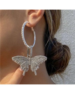 Rhinestone Paved Butterfly Pendant Wholesale Jewelry Bling Dangle Earrings - Silver