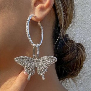 Rhinestone Paved Butterfly Pendant Wholesale Jewelry Bling Dangle Earrings - Silver