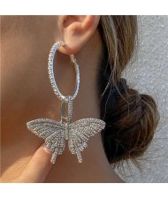 Rhinestone Paved Butterfly Pendant Wholesale Jewelry Bling Dangle Earrings - Silver