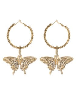 Rhinestone Paved Butterfly Pendant Wholesale Jewelry Bling Dangle Earrings - Golden