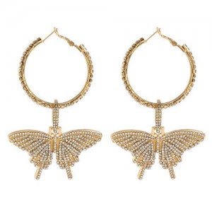 Rhinestone Paved Butterfly Pendant Wholesale Jewelry Bling Dangle Earrings - Golden