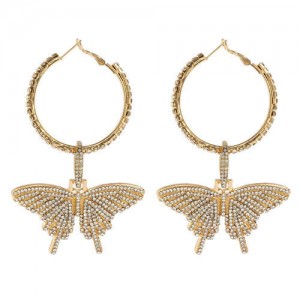 Rhinestone Paved Butterfly Pendant Wholesale Jewelry Bling Dangle Earrings - Golden