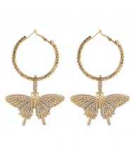 Rhinestone Paved Butterfly Pendant Wholesale Jewelry Bling Dangle Earrings - Golden