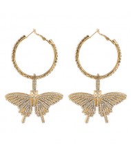 Rhinestone Paved Butterfly Pendant Wholesale Jewelry Bling Dangle Earrings - Golden