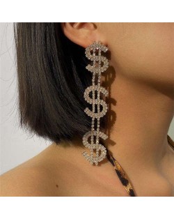 Dollar Sign Bold Fashion Design Wholesale Jewelry Long Dangle Rhineston Alloy Earrings - Golden