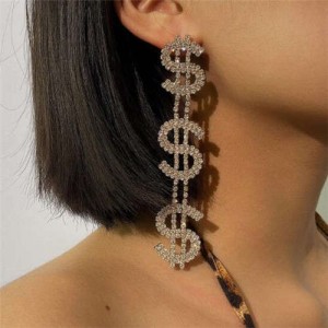 Dollar Sign Bold Fashion Design Wholesale Jewelry Long Dangle Rhineston Alloy Earrings - Golden