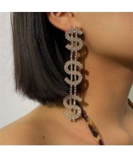 Dollar Sign Bold Fashion Design Wholesale Jewelry Long Dangle Rhineston Alloy Earrings - Golden