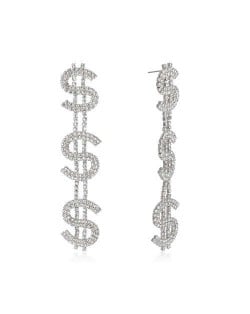 Dollar Sign Bold Fashion Design Wholesale Jewelry Long Dangle Rhineston Alloy Earrings - Silver