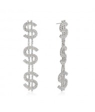 Dollar Sign Bold Fashion Design Wholesale Jewelry Long Dangle Rhineston Alloy Earrings - Silver