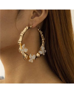Vintage Bamboo Knot Design Rhinestone Butterfly Bold Fashion Wholesale Hoop Earrings - Golden