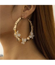 Vintage Bamboo Knot Design Rhinestone Butterfly Bold Fashion Wholesale Hoop Earrings - Golden