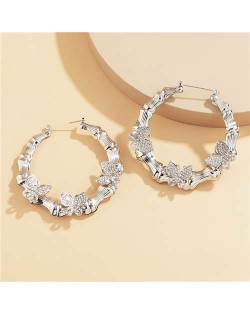 Vintage Bamboo Knot Design Rhinestone Butterfly Bold Fashion Wholesale Hoop Earrings - Silver