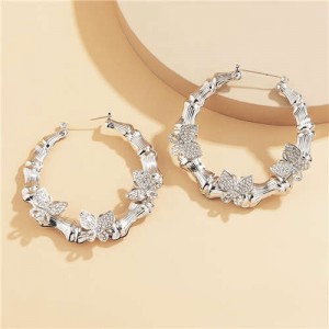 Vintage Bamboo Knot Design Rhinestone Butterfly Bold Fashion Wholesale Hoop Earrings - Silver