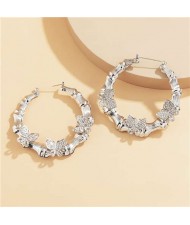 Vintage Bamboo Knot Design Rhinestone Butterfly Bold Fashion Wholesale Hoop Earrings - Silver