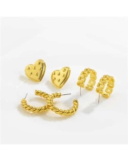 Cool Style Minimalist Twist and Heart C Shape 3 Pairs Wholesale Earrings Set - Golden
