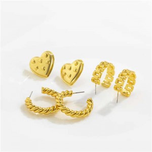 Cool Style Minimalist Twist and Heart C Shape 3 Pairs Wholesale Earrings Set - Golden