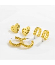 Cool Style Minimalist Twist and Heart C Shape 3 Pairs Wholesale Earrings Set - Golden