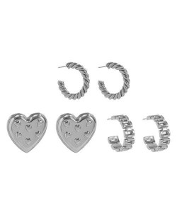 Cool Style Minimalist Twist and Heart C Shape 3 Pairs Wholesale Earrings Set - Silver