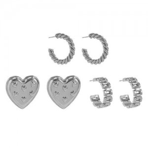 Cool Style Minimalist Twist and Heart C Shape 3 Pairs Wholesale Earrings Set - Silver