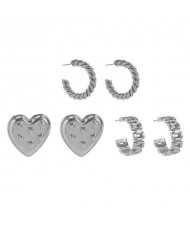 Cool Style Minimalist Twist and Heart C Shape 3 Pairs Wholesale Earrings Set - Silver