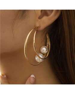 Cool Style Pearl Decorated Geometric Style Dual Circles Big Hoop Earrings