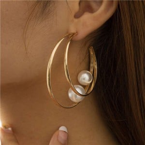 Cool Style Pearl Decorated Geometric Style Dual Circles Big Hoop Earrings