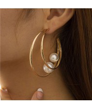 Cool Style Pearl Decorated Geometric Style Dual Circles Big Hoop Earrings