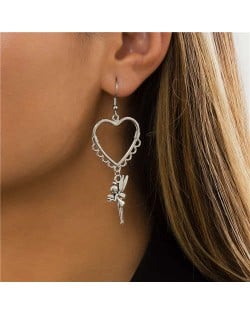 Lacework Peach Heart with Mini Flower Fairy Pendant Vintage Silver Color Women Wholesale Earrings
