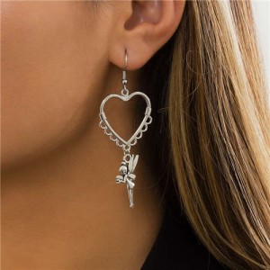 Lacework Peach Heart with Mini Flower Fairy Pendant Vintage Silver Color Women Wholesale Earrings