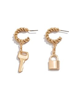 Wholesale Fashion Jewelry Twist C Shape with Lock or Key Pendant Asymmetric Women Earrings - Golden