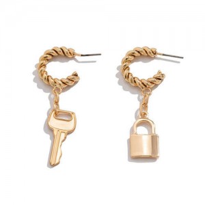 Wholesale Fashion Jewelry Twist C Shape with Lock or Key Pendant Asymmetric Women Earrings - Golden