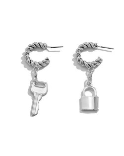 Wholesale Fashion Jewelry Twist C Shape with Lock or Key Pendant Asymmetric Women Earrings - Silver