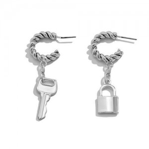 Wholesale Fashion Jewelry Twist C Shape with Lock or Key Pendant Asymmetric Women Earrings - Silver