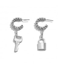 Wholesale Fashion Jewelry Twist C Shape with Lock or Key Pendant Asymmetric Women Earrings - Silver