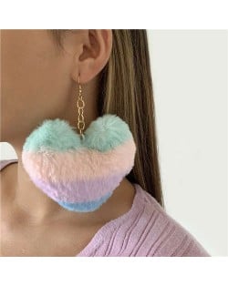 Simple Design Big Fluffy Heart Pendant Lovely Romantic Color Women Earrings - Multicolor