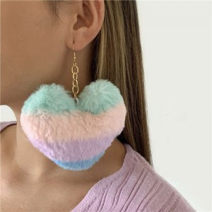Simple Design Big Fluffy Heart Pendant Lovely Romantic Color Women Earrings - Multicolor