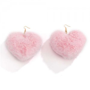 Simple Design Big Fluffy Heart Pendant Lovely Romantic Color Women Earrings - Pink