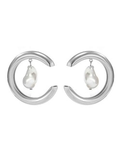 Thick C Shape with Irregular Pearl Pendant Punk Style Women Wholesale Costume Earrings - Silver