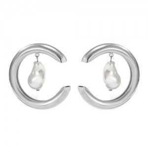 Thick C Shape with Irregular Pearl Pendant Punk Style Women Wholesale Costume Earrings - Silver