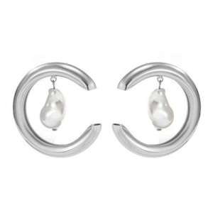 Thick C Shape with Irregular Pearl Pendant Punk Style Women Wholesale Costume Earrings - Silver