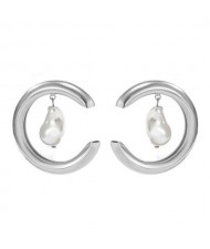 Thick C Shape with Irregular Pearl Pendant Punk Style Women Wholesale Costume Earrings - Silver