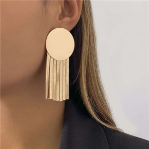 Wholesale Jewelry Round Metal Sheet with Tassel Bold Fashion Women Costume Earrings - Golden