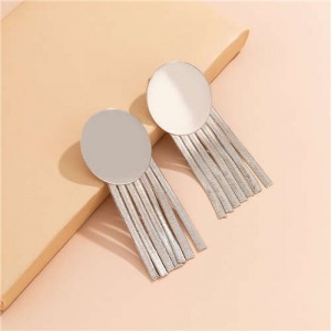 Wholesale Jewelry Round Metal Sheet with Tassel Bold Fashion Women Costume Earrings - Silver