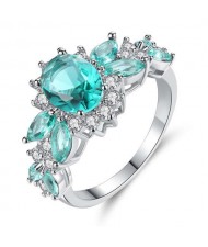 Classic Blossom Design U.S. Fashion Rhinestone Inlaid Women Banquet Wholesale Costume Ring - Green